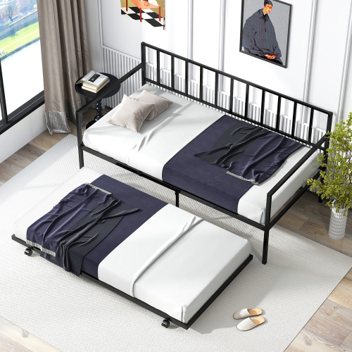 Gymax Twin Metal Daybed Sofa Bed with Trundle & Lockable Casters for Living Room