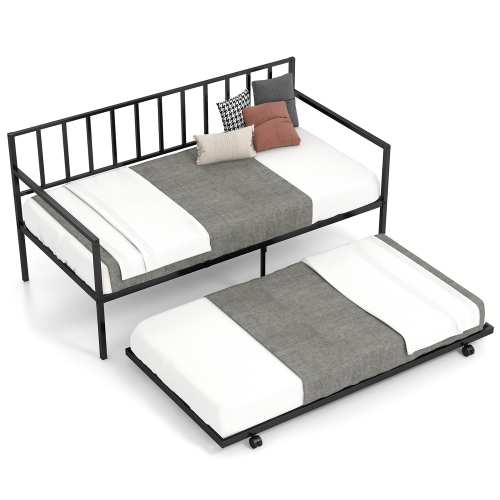 Gymax Twin Metal Daybed Sofa Bed with Trundle & Lockable Casters for Living Room