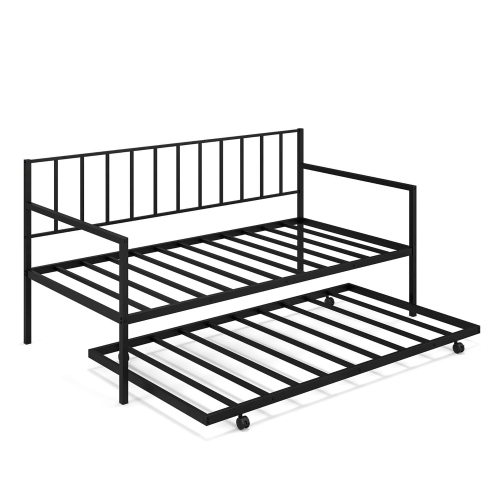 Gymax Twin Metal Daybed Sofa Bed with Trundle & Lockable Casters for Living Room