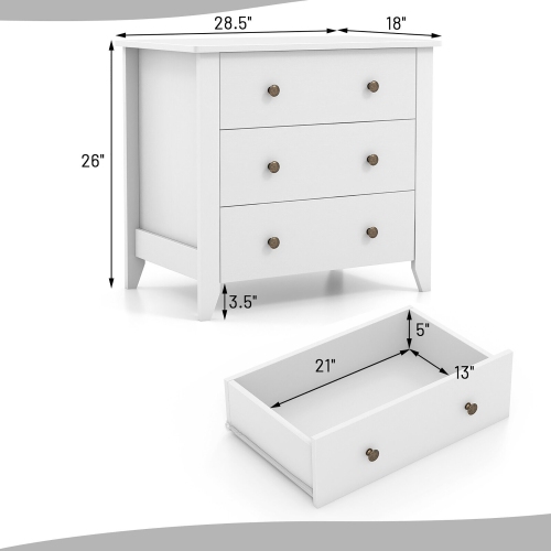 Gymax 3 Drawer Dresser Chest of Drawers Bedside Table for Living Room Bedroom White