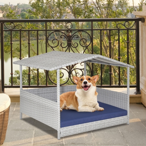 Gymax Wicker Dog House Weather-Resistant Raised Rattan Pet Bed w/ Detachable Cushion
