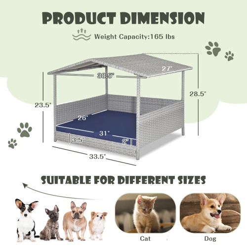 Gymax Wicker Dog House Weather-Resistant Raised Rattan Pet Bed w/ Detachable Cushion