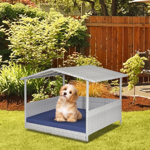 Gymax Wicker Dog House Weather-Resistant Raised Rattan Pet Bed w/ Detachable Cushion