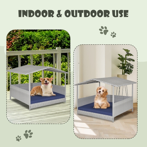 Gymax Wicker Dog House Weather-Resistant Raised Rattan Pet Bed w/ Detachable Cushion