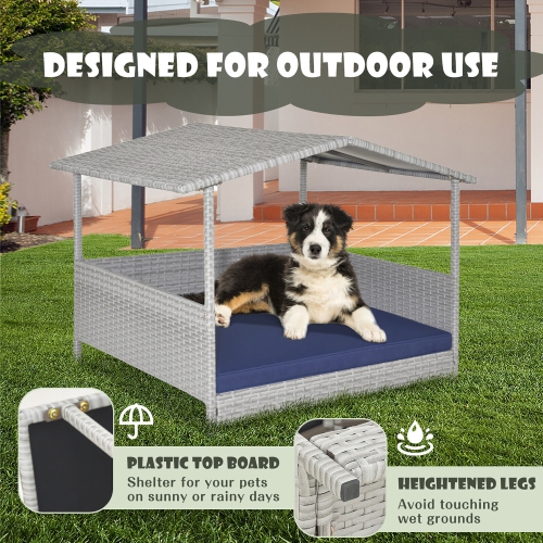 Gymax Wicker Dog House Weather-Resistant Raised Rattan Pet Bed w/ Detachable Cushion