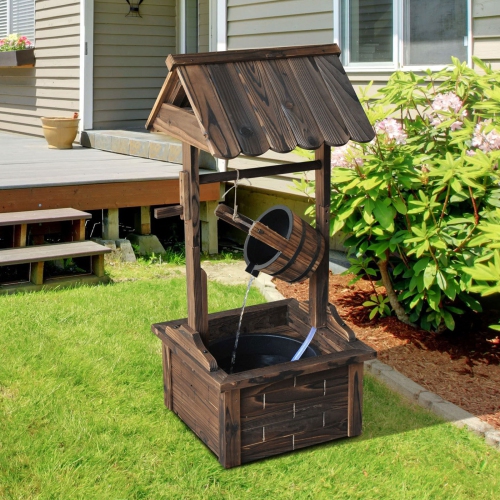 Outsunny Outdoor Wooden Wishing Well Fountain with Adjustable Water Flow Rate, Rustic Waterfall Fountain with Electric Pump, Water Bucket, for