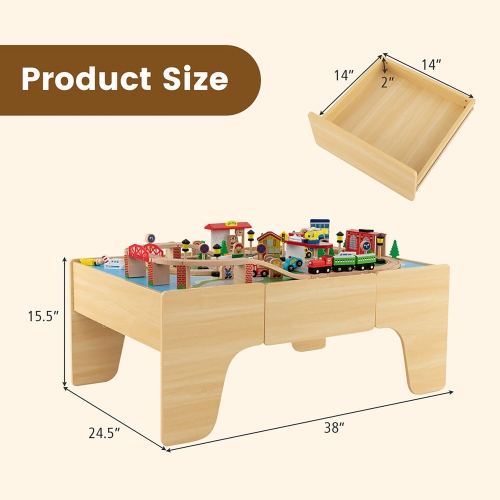 Gymax Kids Wooden Train Activity Playset w/ Solid Wood Tracks Large Storage Drawer