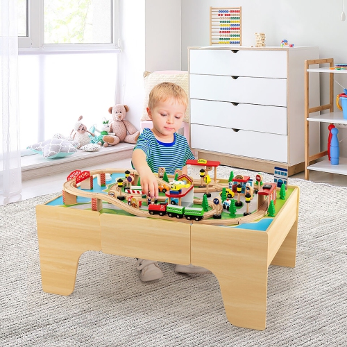 Gymax Kids Wooden Train Activity Playset w/ Solid Wood Tracks Large Storage Drawer