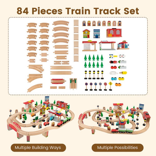 Gymax Kids Wooden Train Activity Playset w/ Solid Wood Tracks Large Storage Drawer