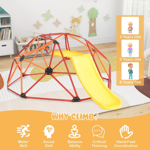 Gymax 8FT Climbing Dome w/ Slide Outdoor Kids Jungle Gym Dome Climber Red & Orange