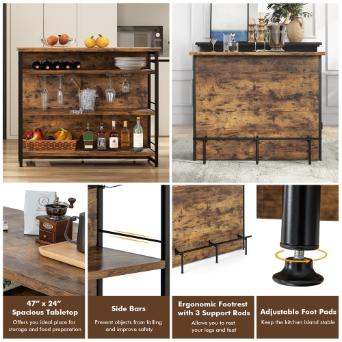 Gymax Industrial Kitchen Island Bar Table 4-Tier Storage Shelf Wine Rack Glass Holders