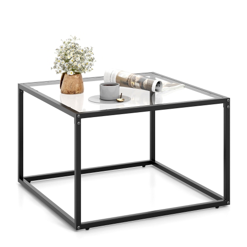 GYMAX  Glass Coffee Table 27.5 Inch Modern Square Metal Frame Living Room Transparent