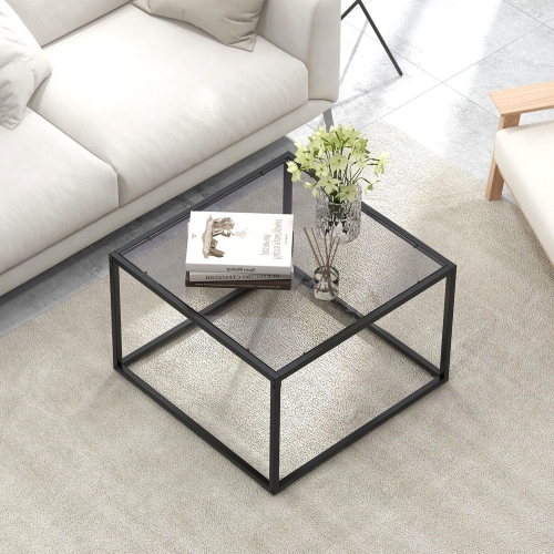 Gymax Glass Coffee Table 27.5 Inch Modern Square Metal Frame Living Room Transparent