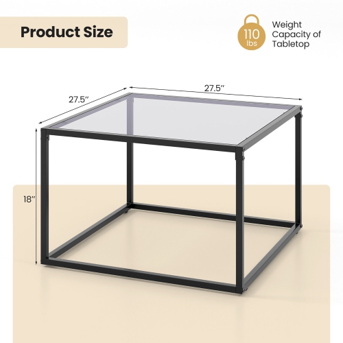 Gymax Glass Coffee Table 27.5 Inch Modern Square Metal Frame Living Room Transparent