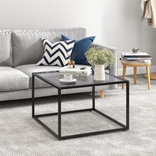 Gymax Glass Coffee Table 27.5 Inch Modern Square Metal Frame Living Room Transparent