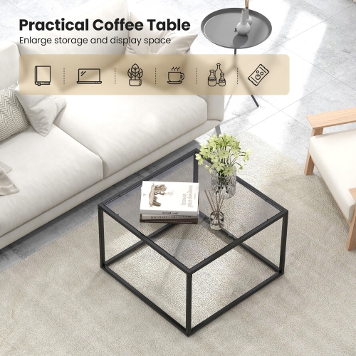 Gymax Glass Coffee Table 27.5 Inch Modern Square Metal Frame Living Room Transparent