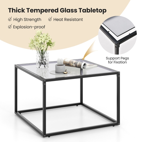 Gymax Glass Coffee Table 27.5 Inch Modern Square Metal Frame Living Room Transparent
