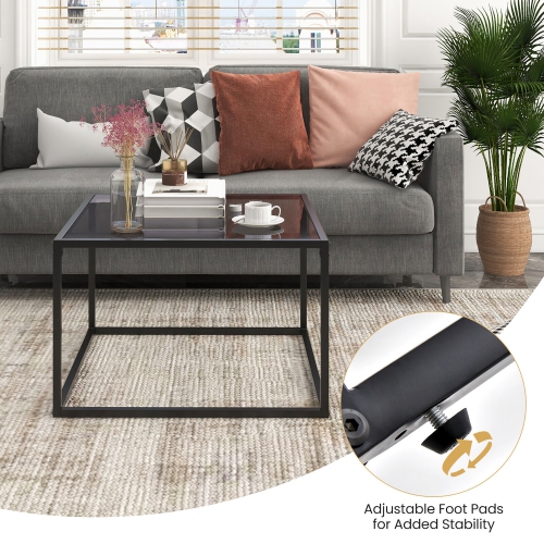 Gymax Glass Coffee Table 27.5 Inch Modern Square Metal Frame Living Room Transparent