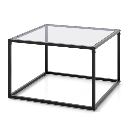 Gymax Glass Coffee Table 27.5 Inch Modern Square Metal Frame Living Room Transparent