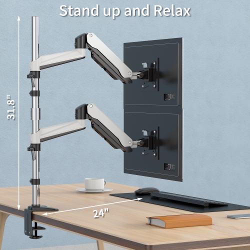 SHOPPINGALL Extra Long Vertically Stacked Dual Gas Spring Monitor Arm for 15”-32” Screens, Both Desk Clamp and Grommet Mounting Options in The Box -