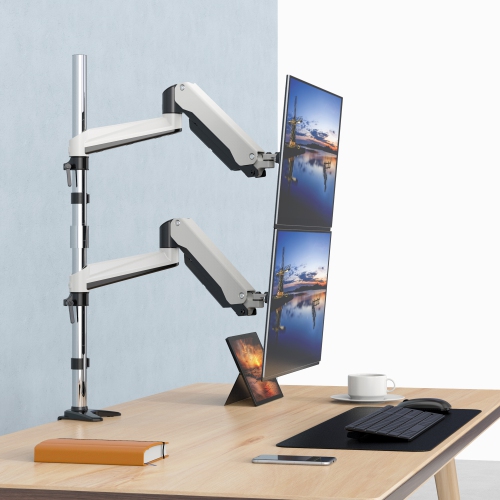 SHOPPINGALL Extra Long Vertically Stacked Dual Gas Spring Monitor Arm for 15”-32” Screens, Both Desk Clamp and Grommet Mounting Options in The Box -