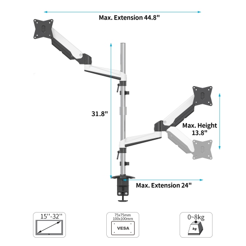 SHOPPINGALL Extra Long Vertically Stacked Dual Gas Spring Monitor Arm for 15”-32” Screens, Both Desk Clamp and Grommet Mounting Options in The Box -