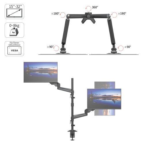 SHOPPINGALL Extra Long Vertically Stacked Dual Gas Spring Monitor Arm for 15”-32” Screens, Both Desk Clamp and Grommet Mounting Options in The Box -