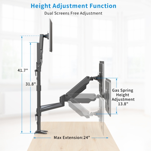 SHOPPINGALL Extra Long Vertically Stacked Dual Gas Spring Monitor Arm for 15”-32” Screens, Both Desk Clamp and Grommet Mounting Options in The Box -
