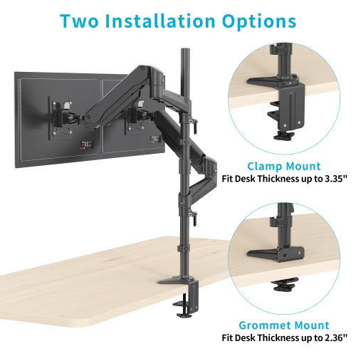 SHOPPINGALL Extra Long Vertically Stacked Dual Gas Spring Monitor Arm for 15”-32” Screens, Both Desk Clamp and Grommet Mounting Options in The Box -