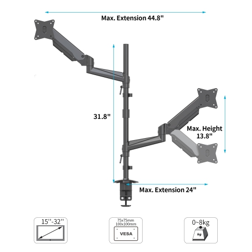 SHOPPINGALL Extra Long Vertically Stacked Dual Gas Spring Monitor Arm for 15”-32” Screens, Both Desk Clamp and Grommet Mounting Options in The Box -