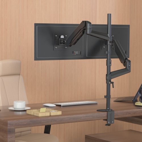 SHOPPINGALL Extra Long Vertically Stacked Dual Gas Spring Monitor Arm for 15”-32” Screens, Both Desk Clamp and Grommet Mounting Options in The Box -