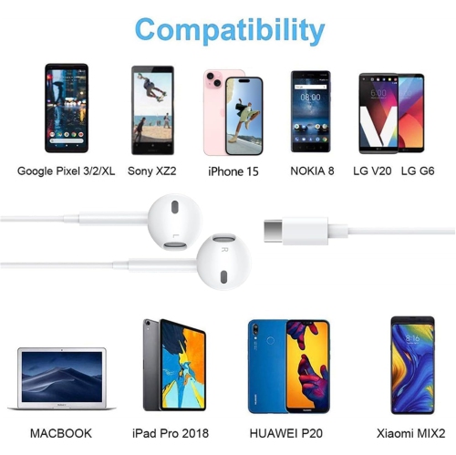 USB-C Headphones Earphones Earbuds with Mic Volume Control Compatible for iPhone 15 Series Samsung Google Motorola