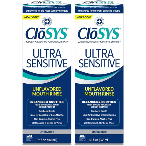 CloSYS Ultra Sensitive Antimicrobial Mouthwash, 32 Fl Oz (2 Count),  Unflavored (Optional Flavor Dropper Included)