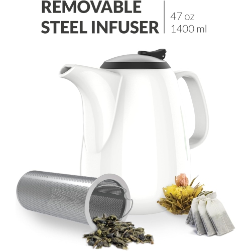 Théière blanche haut de gamme Verre, grande théière avec passoire, 47&nbsp;oz/1400&nbsp;ml, théière en céramique avec poignée résistante à la chaleur