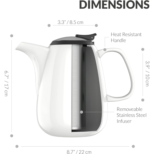 Théière blanche haut de gamme Verre, grande théière avec passoire, 47&nbsp;oz/1400&nbsp;ml, théière en céramique avec poignée résistante à la chaleur
