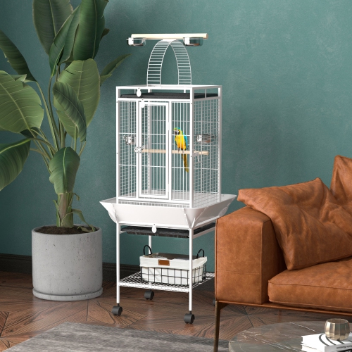 PawHut 61.5 Inch Bird Cage Parrot Parakeet House for Cockatiel with Stand, Pull Out Tray, Play Top, Storage Shelf, Wood Perch, Food Container, White