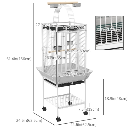 PawHut 61.5 Inch Bird Cage Parrot Parakeet House for Cockatiel with Stand, Pull Out Tray, Play Top, Storage Shelf, Wood Perch, Food Container, White