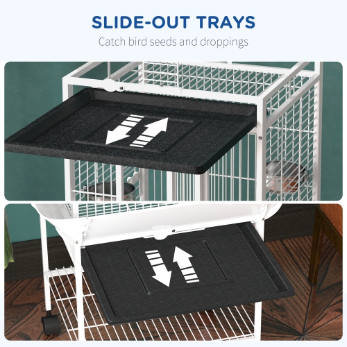 PawHut 61.5 Inch Bird Cage Parrot Parakeet House for Cockatiel with Stand, Pull Out Tray, Play Top, Storage Shelf, Wood Perch, Food Container, White