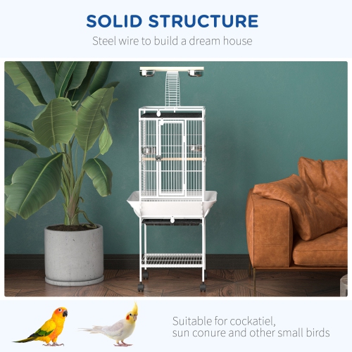 PawHut 61.5 Inch Bird Cage Parrot Parakeet House for Cockatiel with Stand, Pull Out Tray, Play Top, Storage Shelf, Wood Perch, Food Container, White