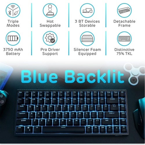 Blue Backlit 75% Triple Mode BT5.0/2.4G/USB-C Hot Swappable Mechanical Keyboard, 84 Keys Tenkeyless Mechanical Keyboard w/Detachable Frame &