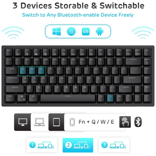 Blue Backlit 75% Triple Mode BT5.0/2.4G/USB-C Hot Swappable Mechanical Keyboard, 84 Keys Tenkeyless Mechanical Keyboard w/Detachable Frame &