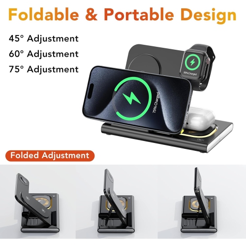 Station de chargement magnétique sans fil pliable 4-en-1 avec veilleuse pour Apple Watch AirPods Pro iPhone