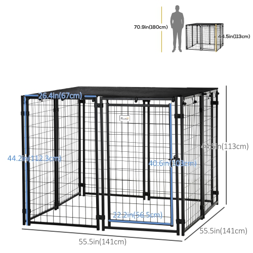 PawHut Outdoor Dog Kennel Run, Large Wire Steel Puppy Fence, Lockable Pet Playpen Crate Enclosure, with Top Cover, Door, Black