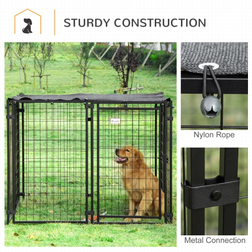 PawHut Outdoor Dog Kennel Run, Large Wire Steel Puppy Fence, Lockable Pet Playpen Crate Enclosure, with Top Cover, Door, Black