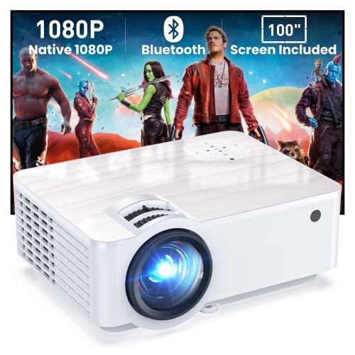 HAPPRUN Projector, 1080P Bluetooth Mini Projector with 100” Projector Screen, 9500 LUX Portable Outdoor Movie Projector for Phone, Compatible with