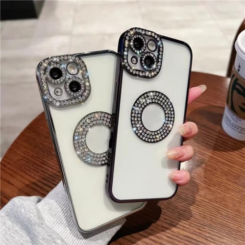 for iPhone 15 Pro Max Case, Camera Protection with Glitter Sparkle Diamond Bling Rhinestone Shiny Cute Cover with Logo View Case Compatible with