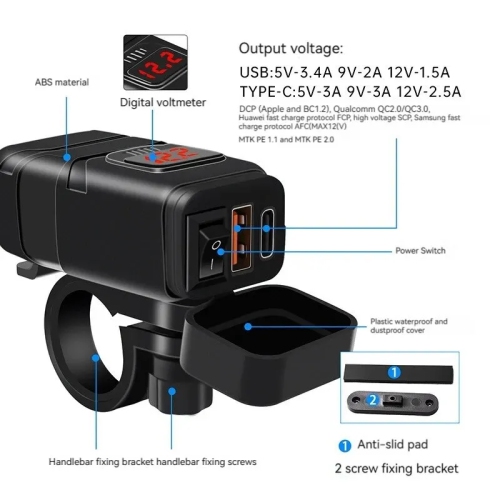 Chargeur mobile à deux ports USB pour motocyclette, charge rapide de 12V a avec affichage de tension étanche et voltmètre