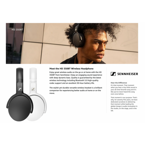 Casque d'écoute sans fil Bluetooth 5,0 HD 350BT de Sennheiser remis à neuf - autonomie de 30 heures - Blanc