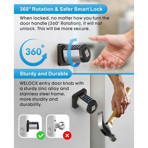 Welock WiFi Smart Lock with Keypad PCB32 Safer Keyless Entry Smart Door Lock, Smart Bluetooth Door Knob with Keypad APP Control IC Card