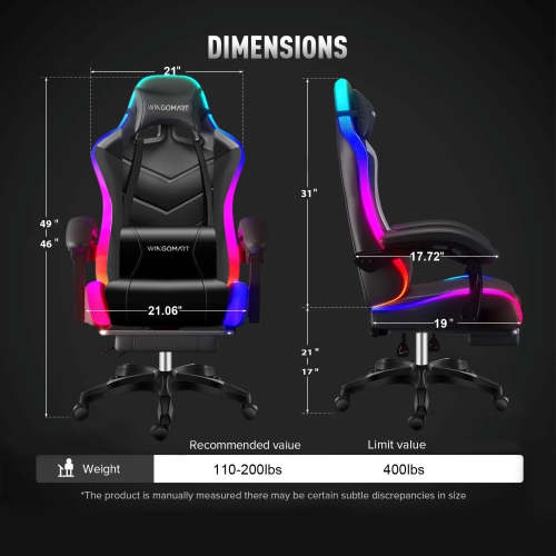 WINGOMART Ergonomic High-Back PU Faux Leather Gaming Chair With built in LED light, Office chair W/ Lumbar Massage & Footrest High Back Adjustable